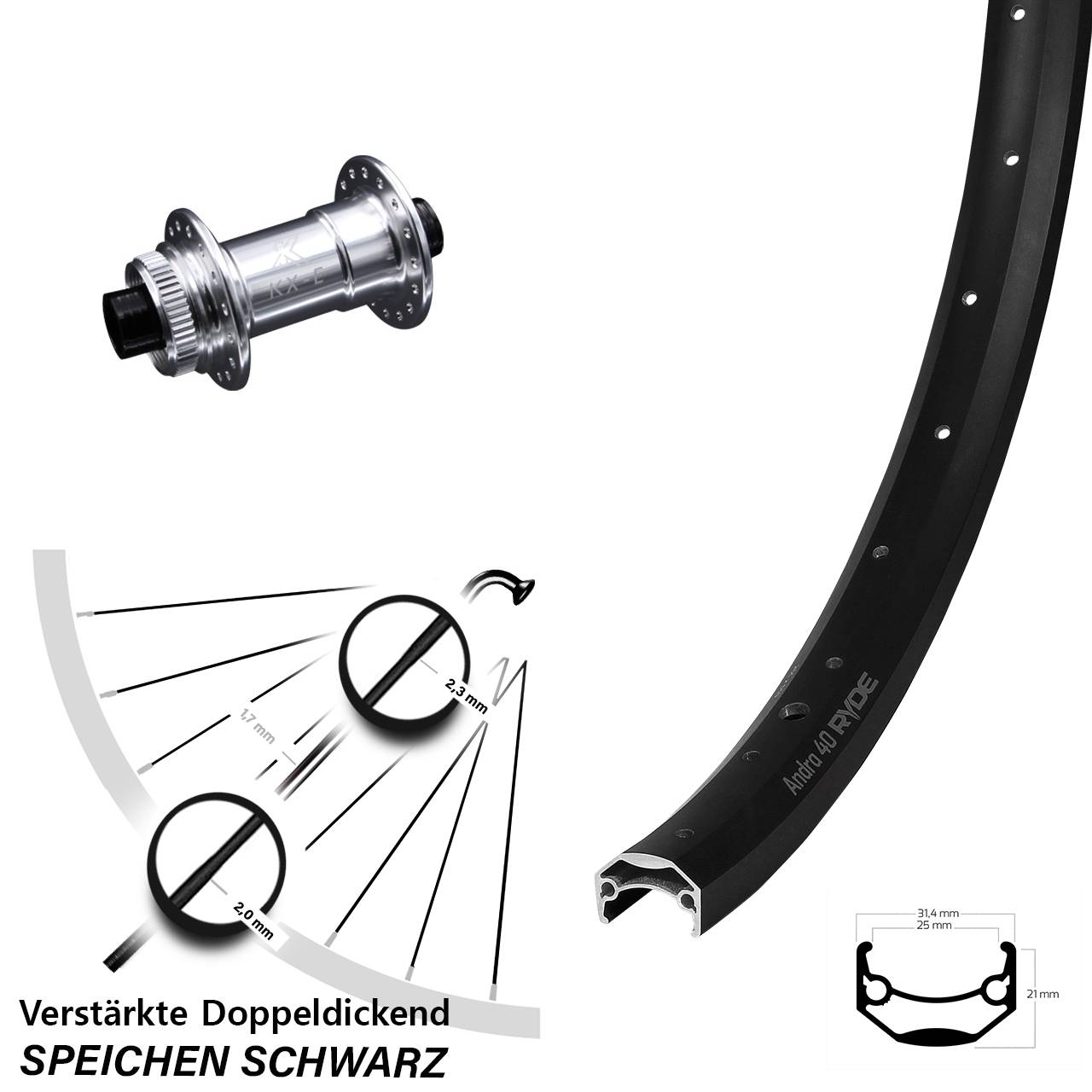 Vorderrad 28-29 Zoll Ryde Andra 40 Disc- KX-E Nabe silbern-eloxiert Centerlock 15x100 mm