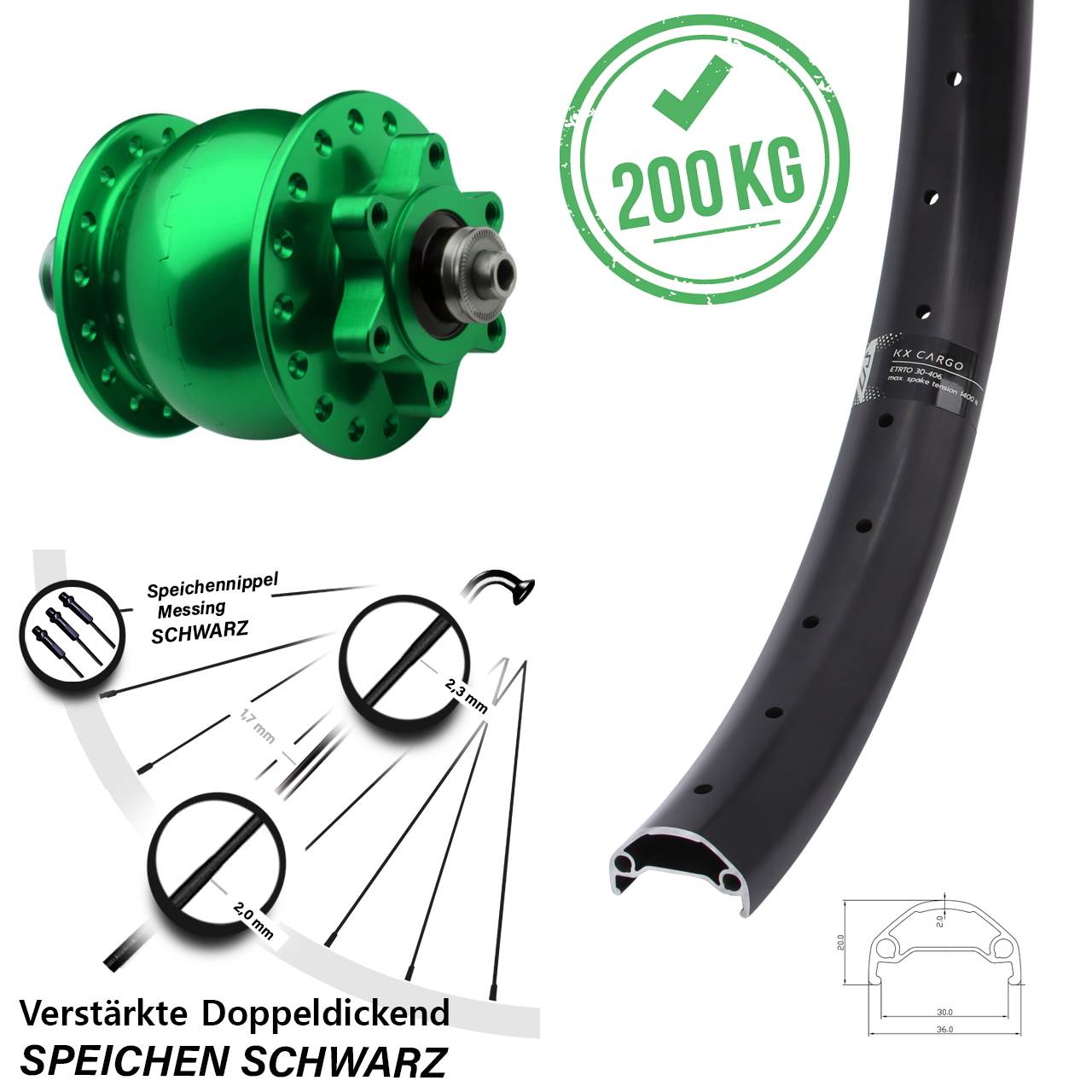 29 Zoll 6-Loch Dynamo-Vorderrad KX Cargo SON 28 grün für Schnellspanner