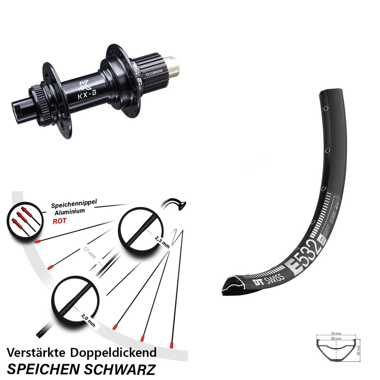 DT Swiss E 532 Hinterrad 29 Zoll KX-B Boost 12x148 mm Centerlock Micro Spline