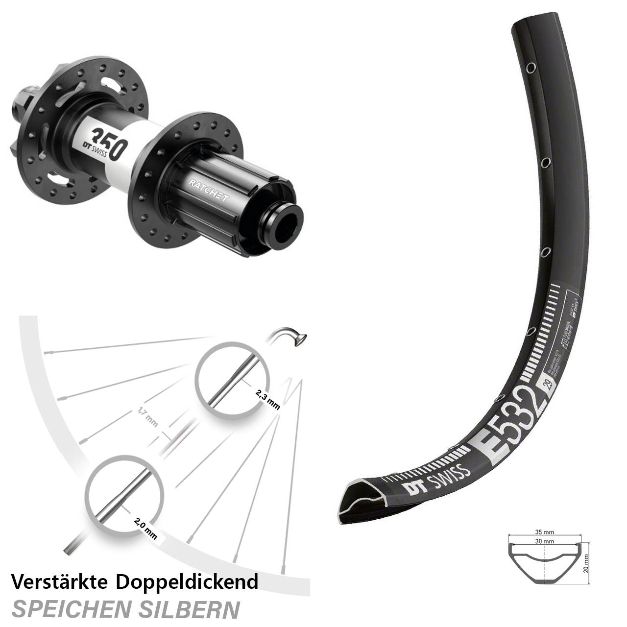 DT Swiss E532-350 29 Zoll Hinterrad 6-Loch 12x142 8-11 fach HG