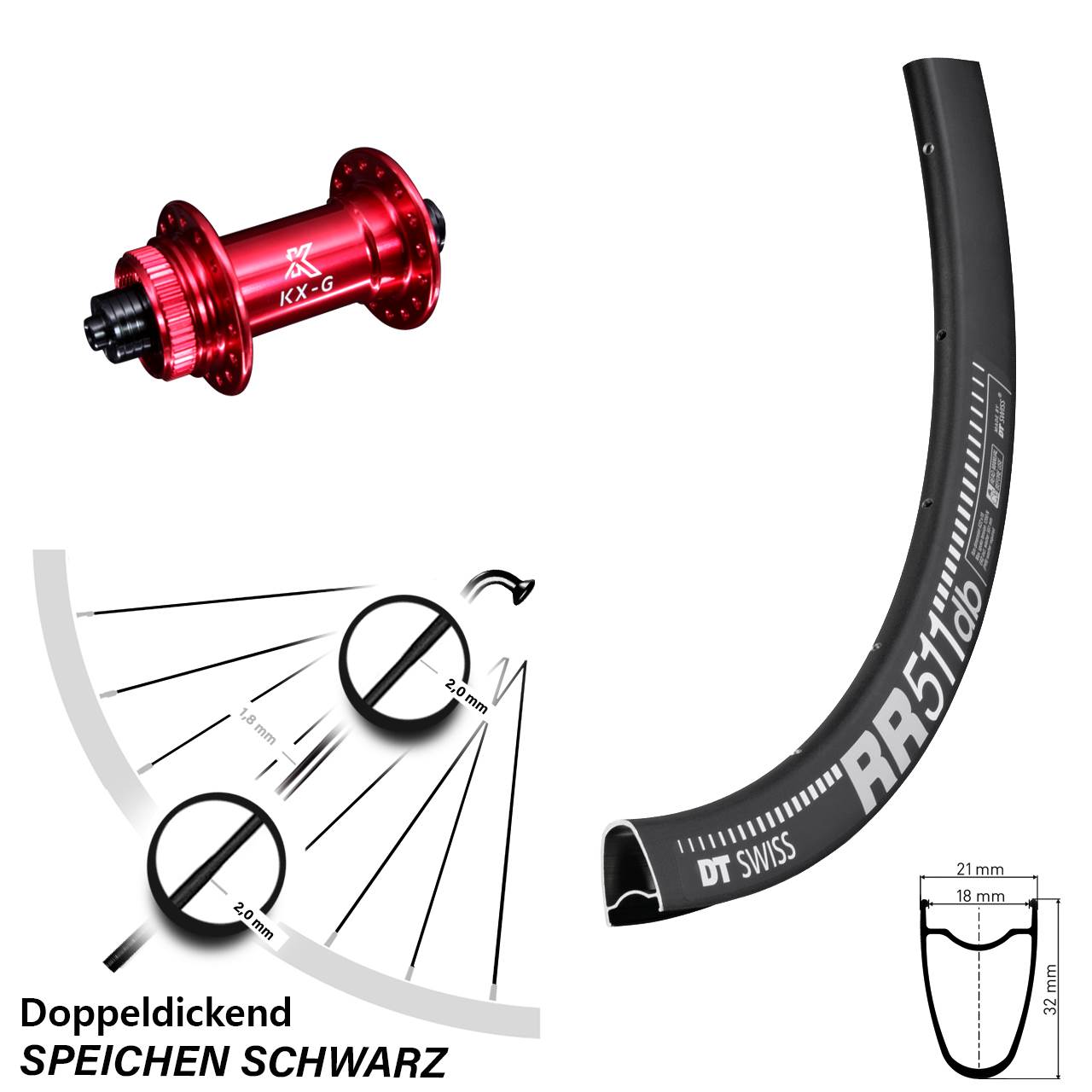 28 Zoll Vorderrad KX-G Nabe rot-eloxiert 5x100 DT Swiss RR 511 DB Centerlock