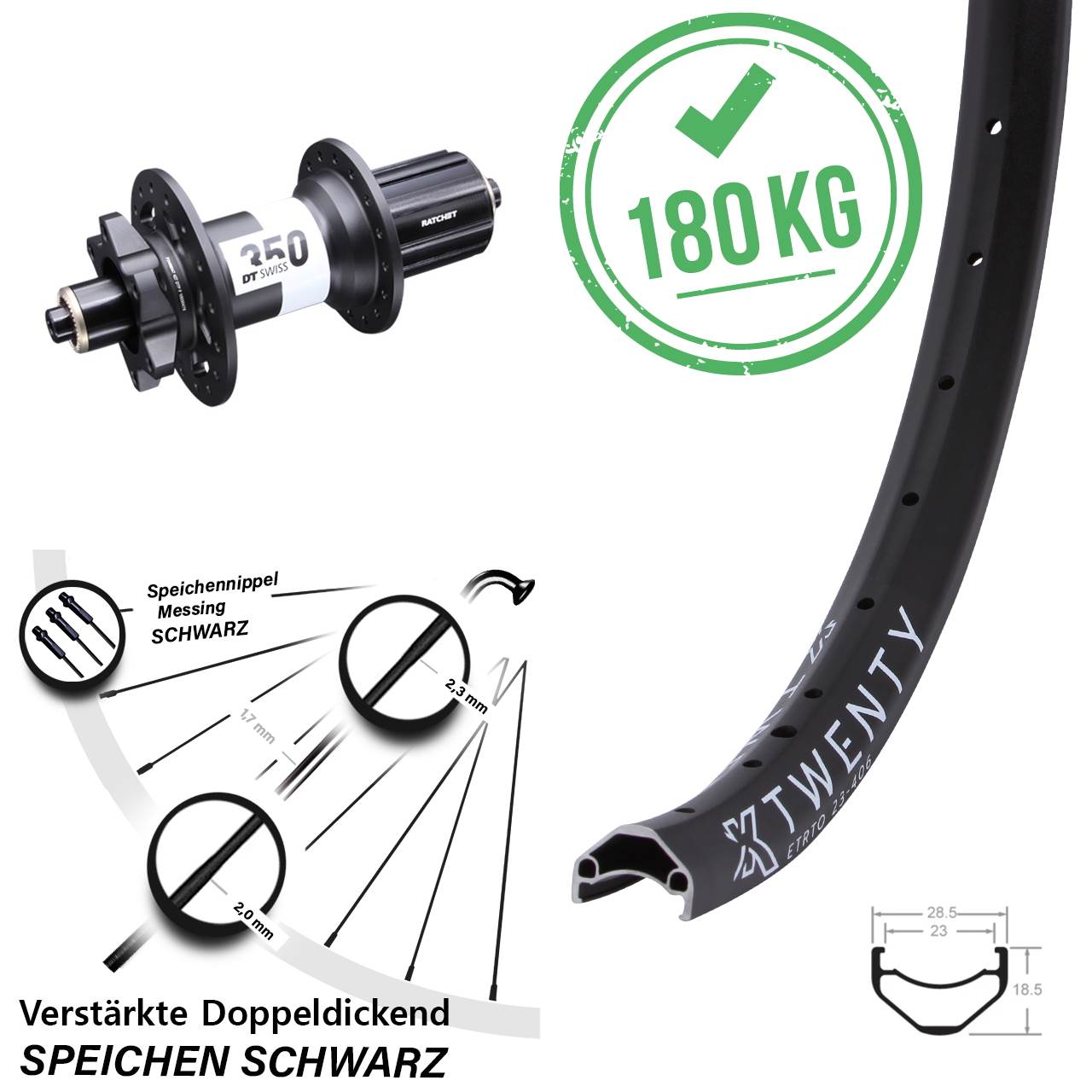 KX Twenty DT Swiss 350 20 Zoll Disc Hinterrad für Schnellspanner 8-11 fach HG