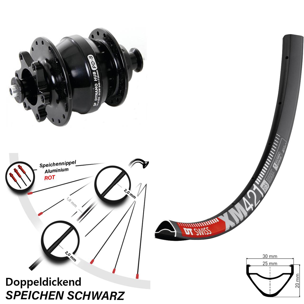 DT Swiss XM421 Shutter Precision PD-8 650B 6-Loch Nabendynamo-Vorderrad QR
