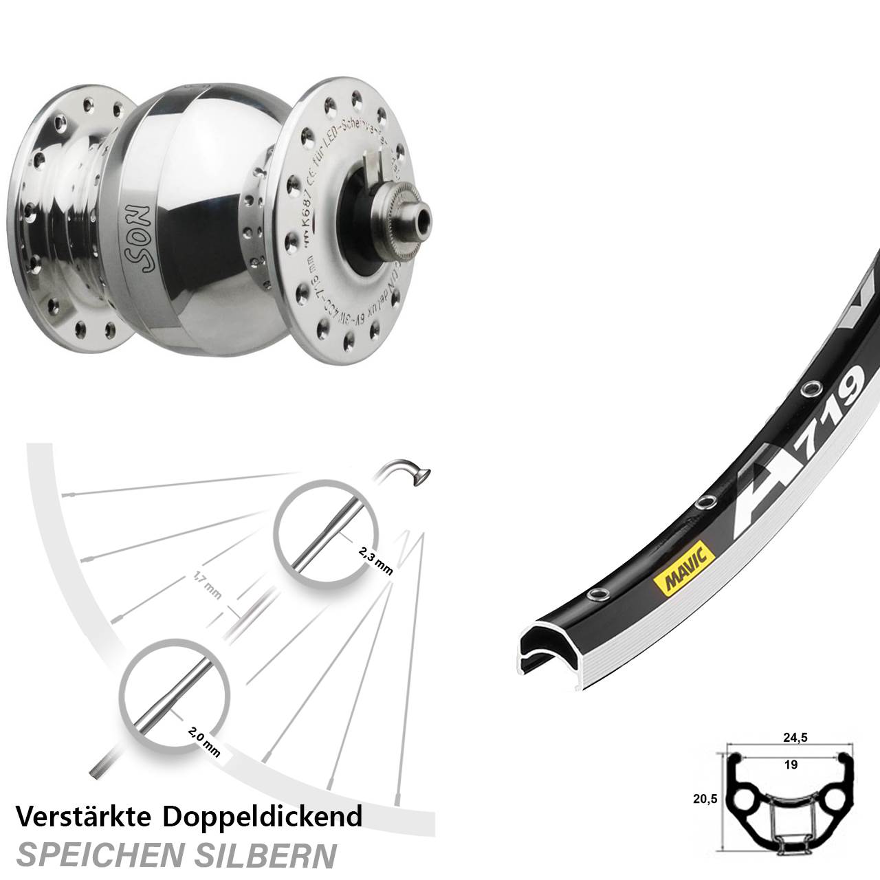 Nabendynamolaufrad 28 Zoll Mavic A719 SONdelux wide body für Schnellspanner