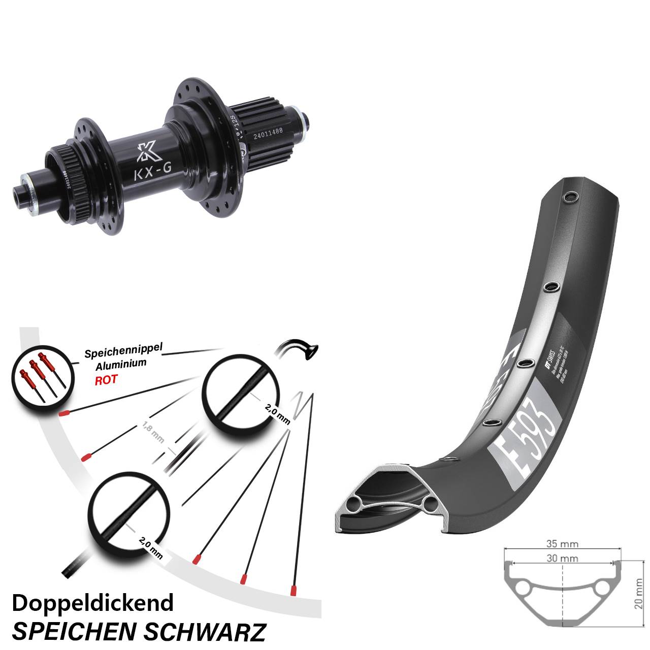 Hinterrad Centerlock für Schnellspanner 29 Zoll DT Swiss E593 KX-G Micro Spline