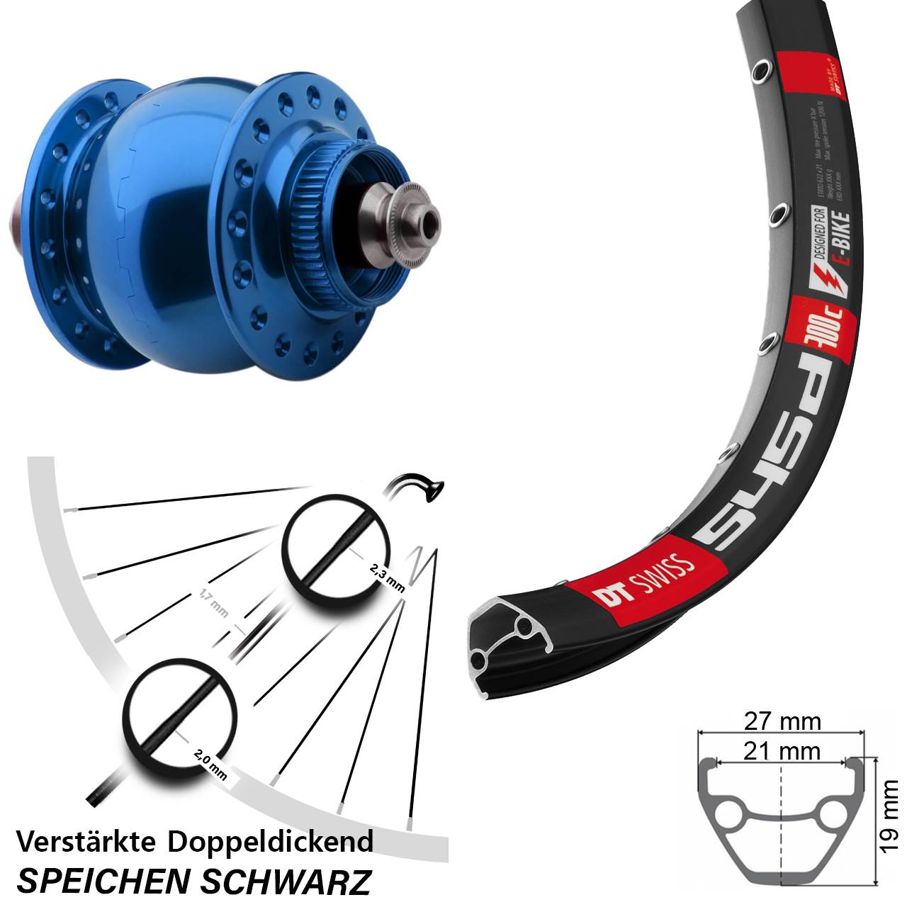 28-29 Zoll DT Swiss 545d SON 28 blau Centerlock Vorderrad mit Nabendynamo QR