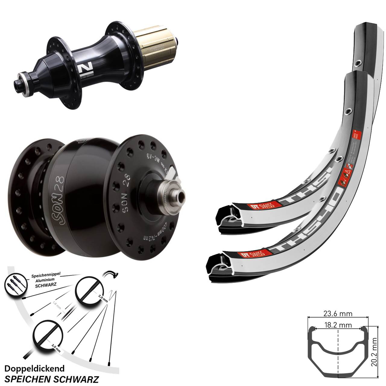 Laufradsatz DT Swiss TK 540 Felgenbremse Dynamo SON 28 Zoll Novatec F162