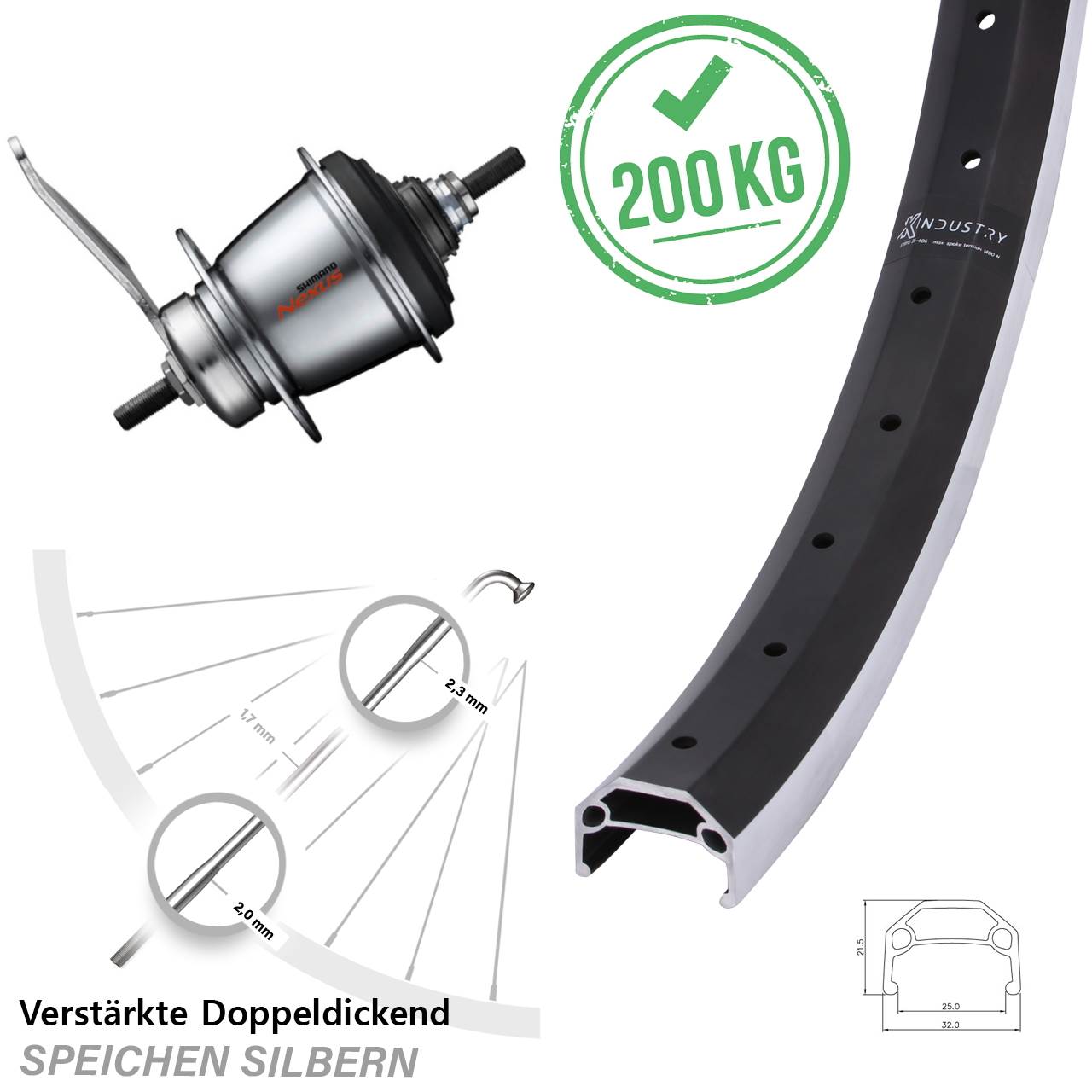 Hinterrad 20 Zoll KX Industry Shimano 7 Gang Nabenschaltung Rücktritt