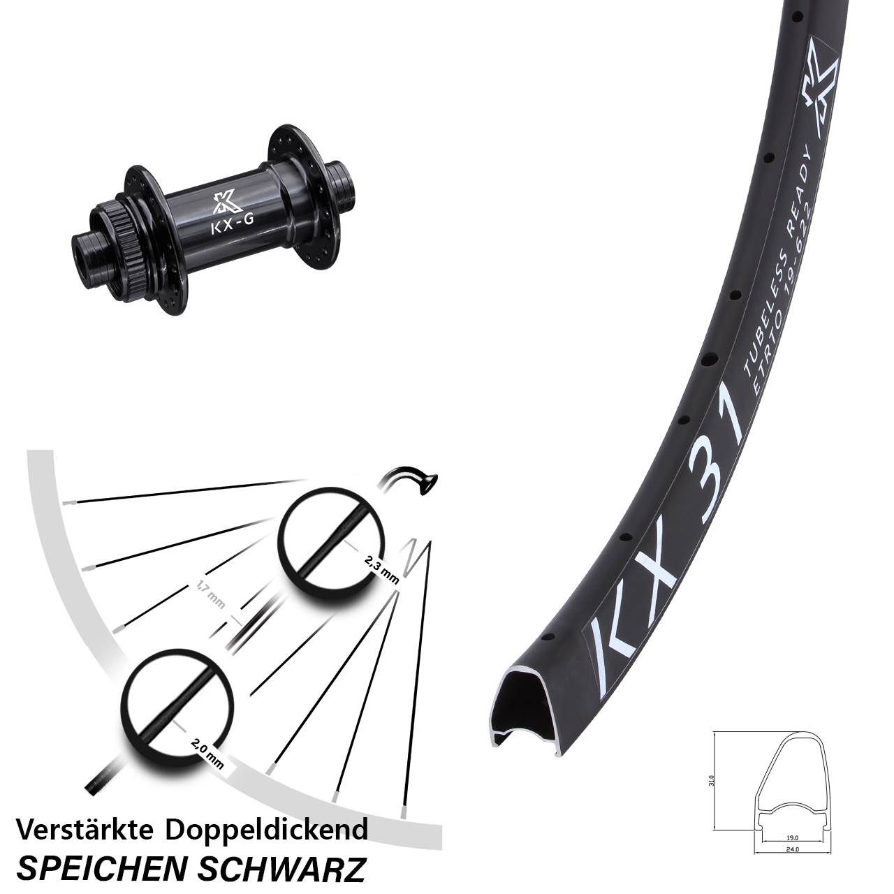 Vorderrad Centerlock 12x100 28 Zoll KX 31 Offset Hochprofil Gravel