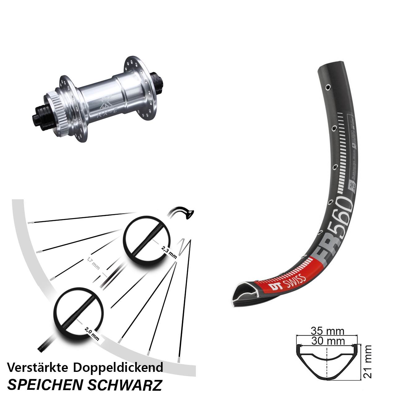 KX-E Schnellspanner 5x100 DT Swiss FR 560 Vorderrad Enduro MTB 26 Zoll für Centerlock