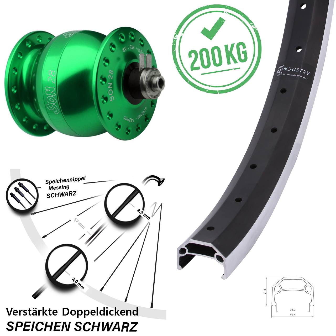 20 Zoll KX Industry SON 28 grün Dynamo-Vorderrad schwarz