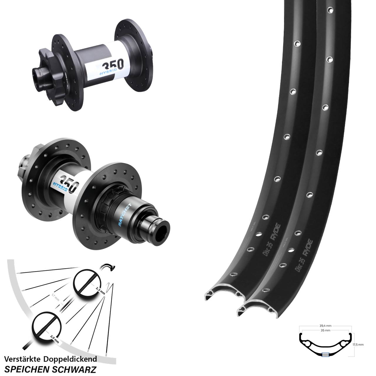 Ryde Disc 35 DT Swiss 350 Hybrid 29 Zoll 6-Loch Laufradsatz 15x110 12x148 Boost XD