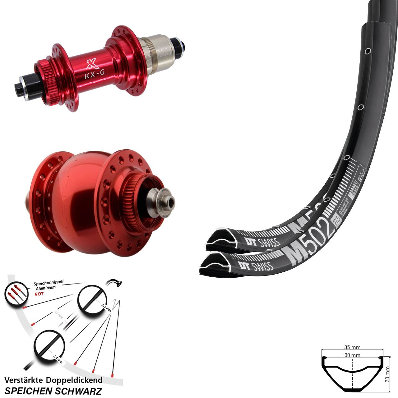 Laufradsatz Centerlock 27,5 Zoll DT Swiss M502 KX-G rot SON delux XDR QR