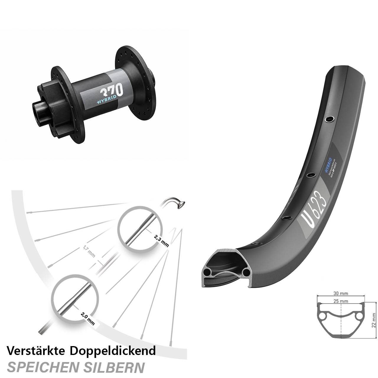 Vorderrad E-Bike 29 Zoll U 623 DT Swiss 370 Hybrid Boost verstärkt