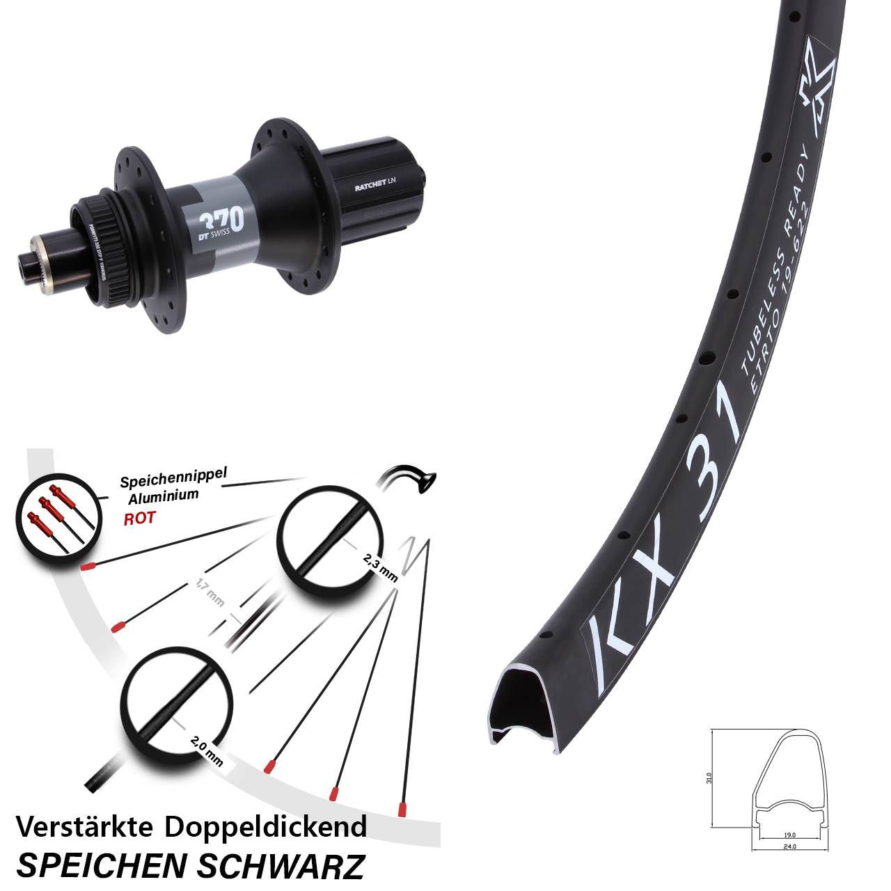 KX 31 DT Swiss 370 28 Zoll Centerlock Hinterrad QR 8-12 fach