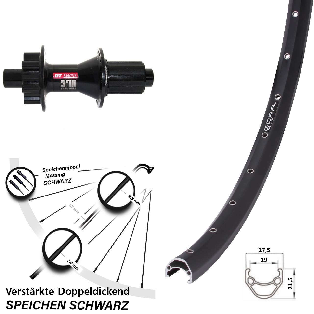 Hinterrad 6-Loch 12x142 26 Zoll Gora 19 DT Swiss 370 Hybrid 8-11 fach HG