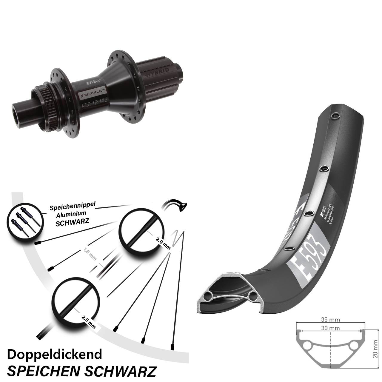 DT Swiss E 593-370 Hybrid 27,5 Zoll Centerlock Hinterrad 12x142 8-11 fach
