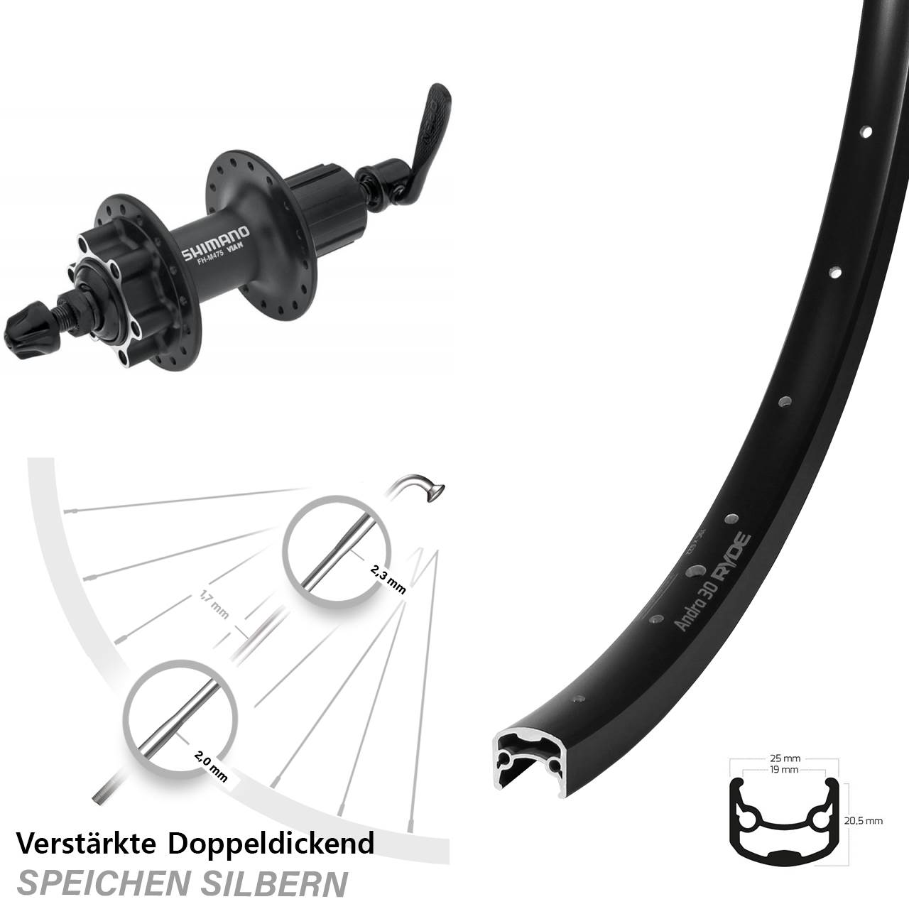 Ryde Andra 30 Shimano FH-M475 28 Zoll Disc Hinterrad für Schnellspanner 8-11 fach