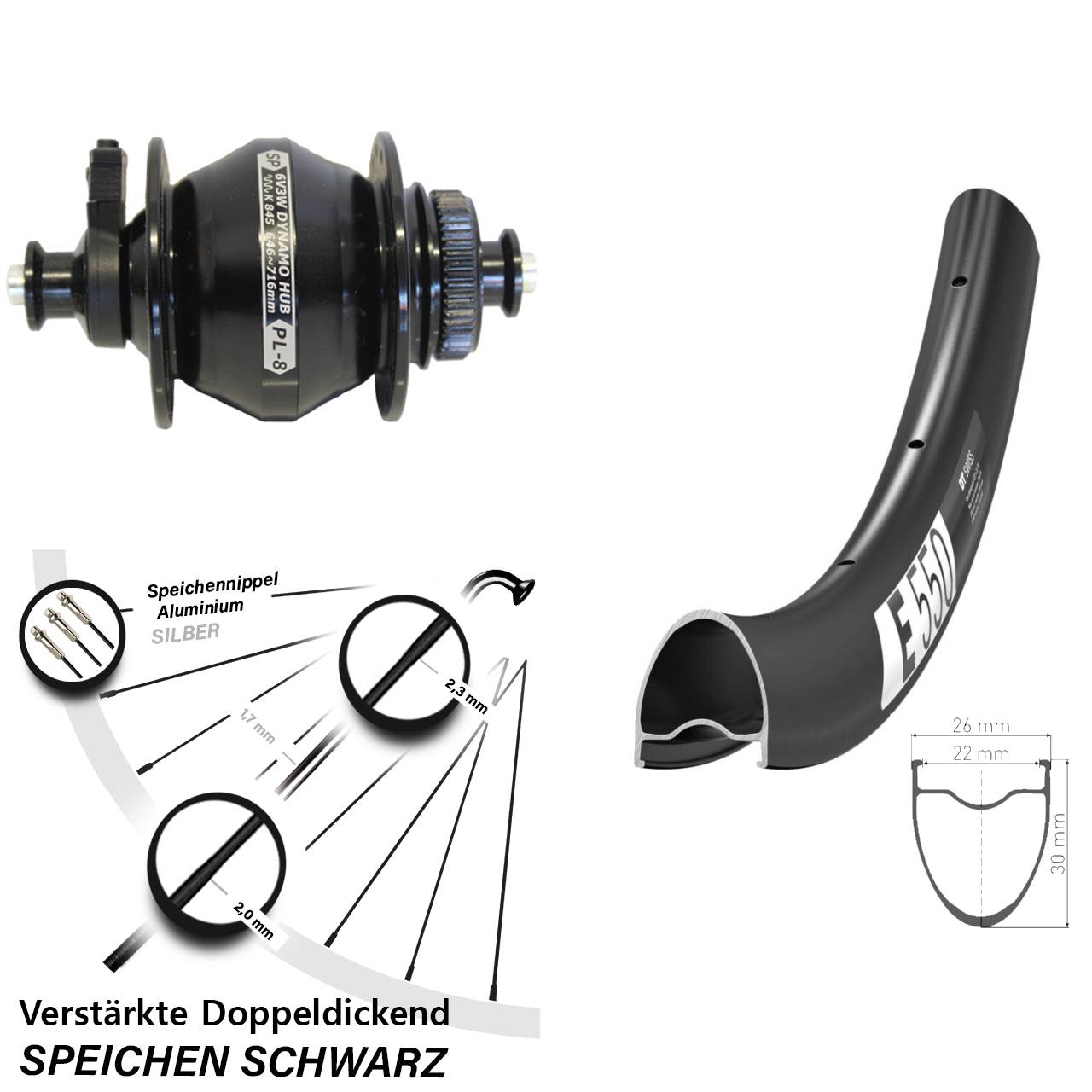 Disc Laufrad mit Nabendynamo für Schnellspanner 28 Zoll DT Swiss E 550 Shutter PL-8