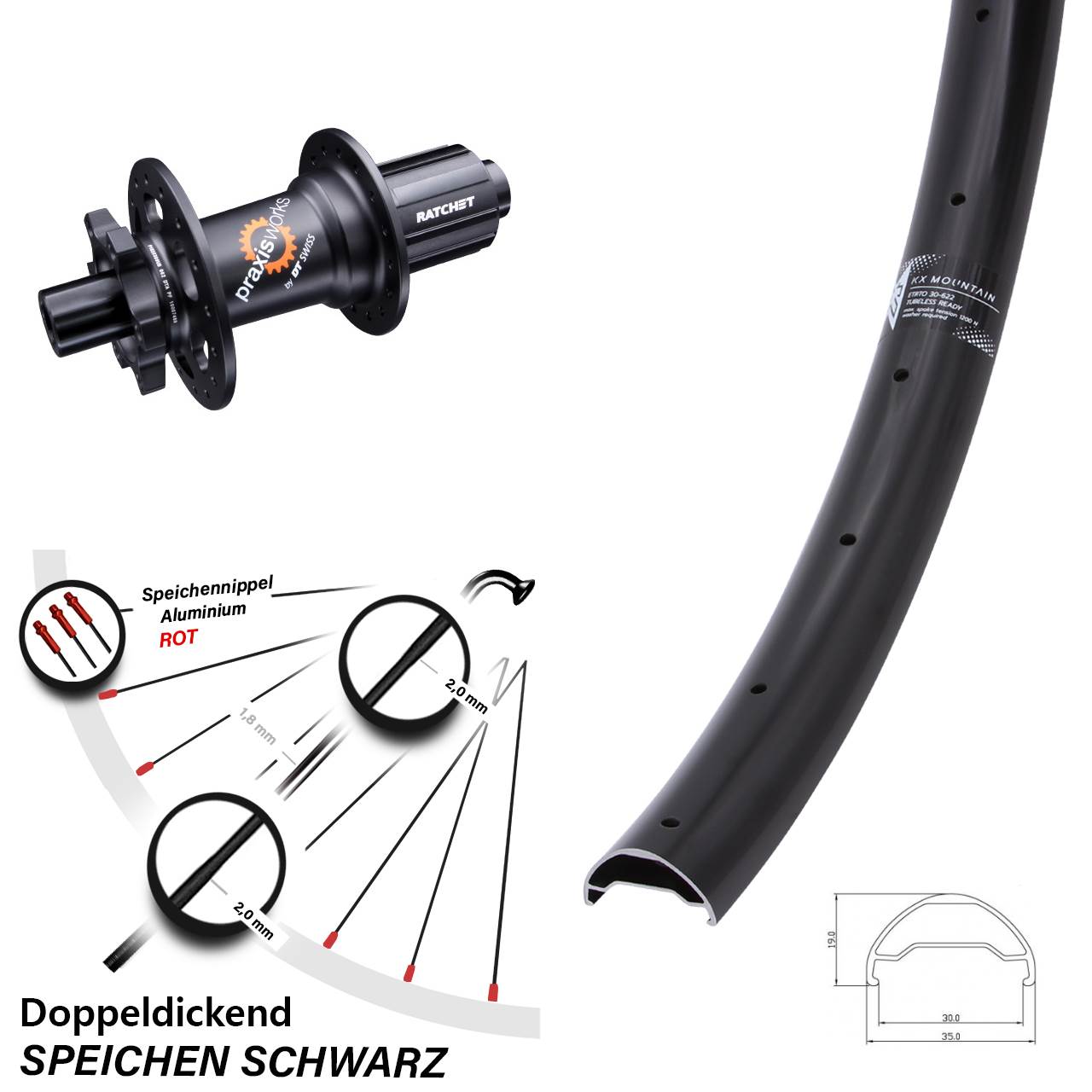 KX Mountain TR 30-622 Hinterrad 29 Zoll DT Swiss 350 SL Nabe 11-fach 12x142 mm