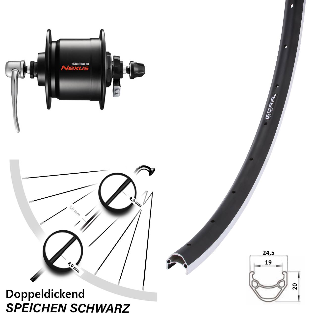 26 Zoll Gora 19 Shimano DH-C3000 Vorderrad mit Nabendynamo QR