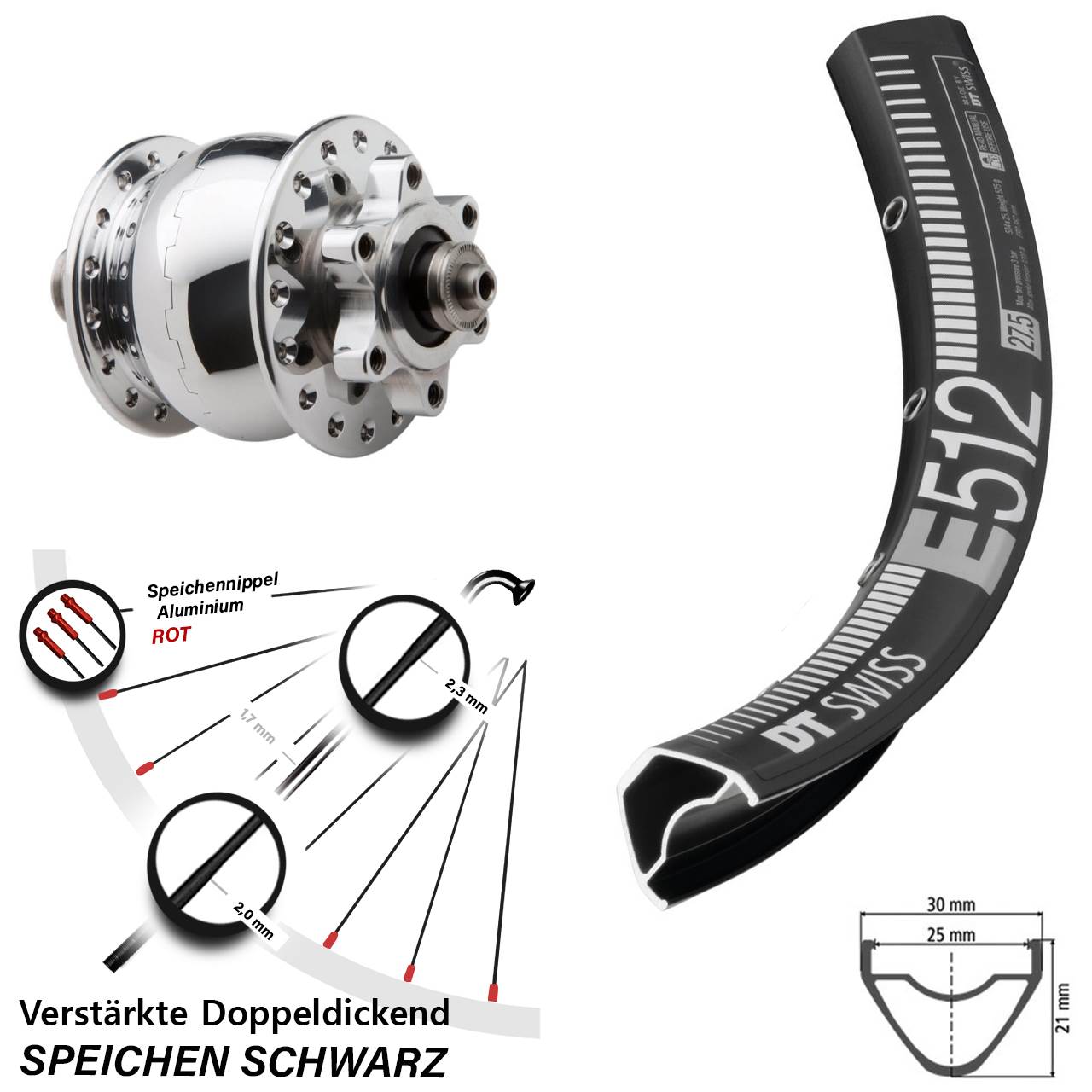 27,5 Zoll DT Swiss E512 SON 28 poliert Disc Vorderrad mit Nabendynamo QR