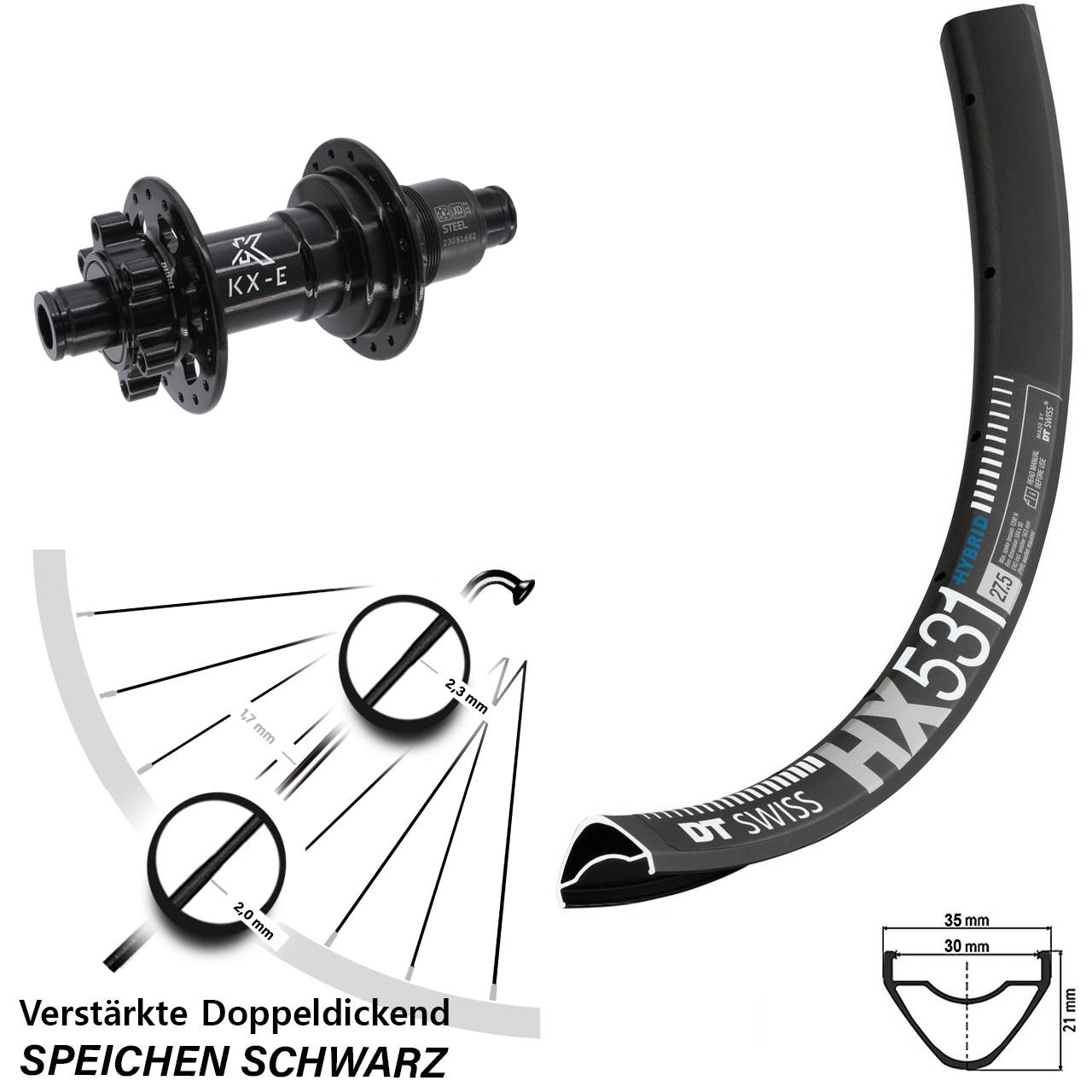 Disc Laufrad 29 Zoll DT Swiss HX 531 KX-E Stahl Freilauf SRAM XD 12x148 Boost