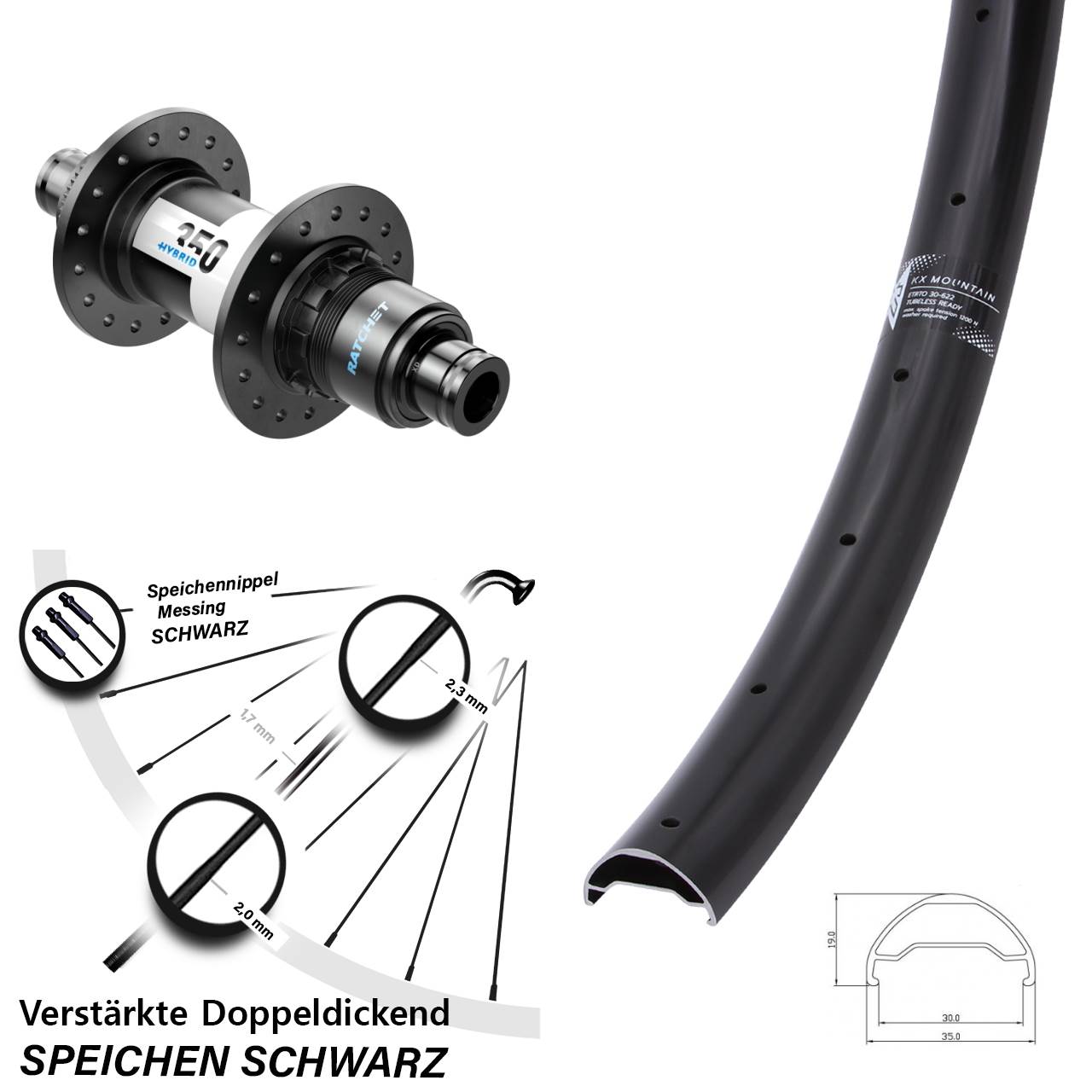 Hinterrad Centerlock 29 Zoll KX Mountain DT Swiss 350 Hybrid XD 12x148 Boost