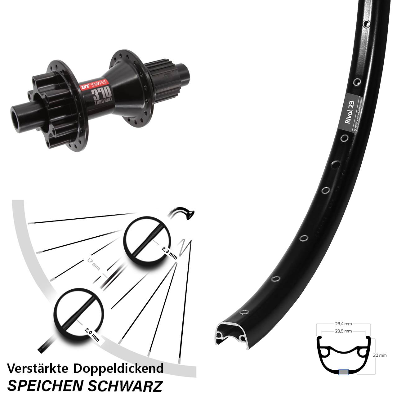 650B Ryde Rival 23 DT Swiss 370 Hinterrad 6-Loch 12x142 Micro Spline