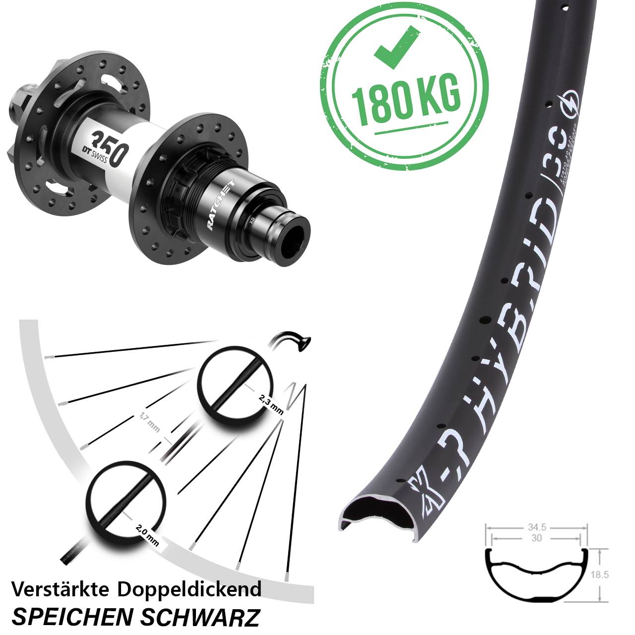 Hinterrad 6-Loch 29 Zoll KX-R Hybrid 30 DT Swiss 350 XD 12x148 Boost