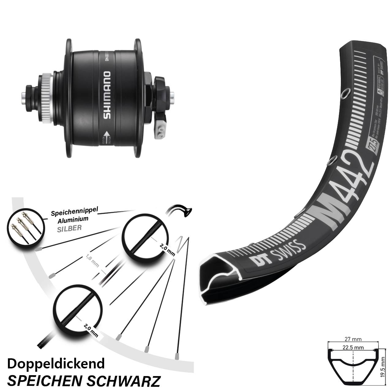 29 Zoll DT Swiss M442 Shimano DH-3D37 Dynamo-Vorderrad Centerlock für Schnellspanner