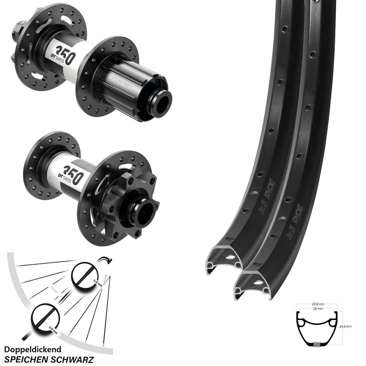 Laufradsatz 6-Loch 29 Zoll Ryde ZAC 25 DT Swiss 350 8-11 fach HG 15x110 12x148