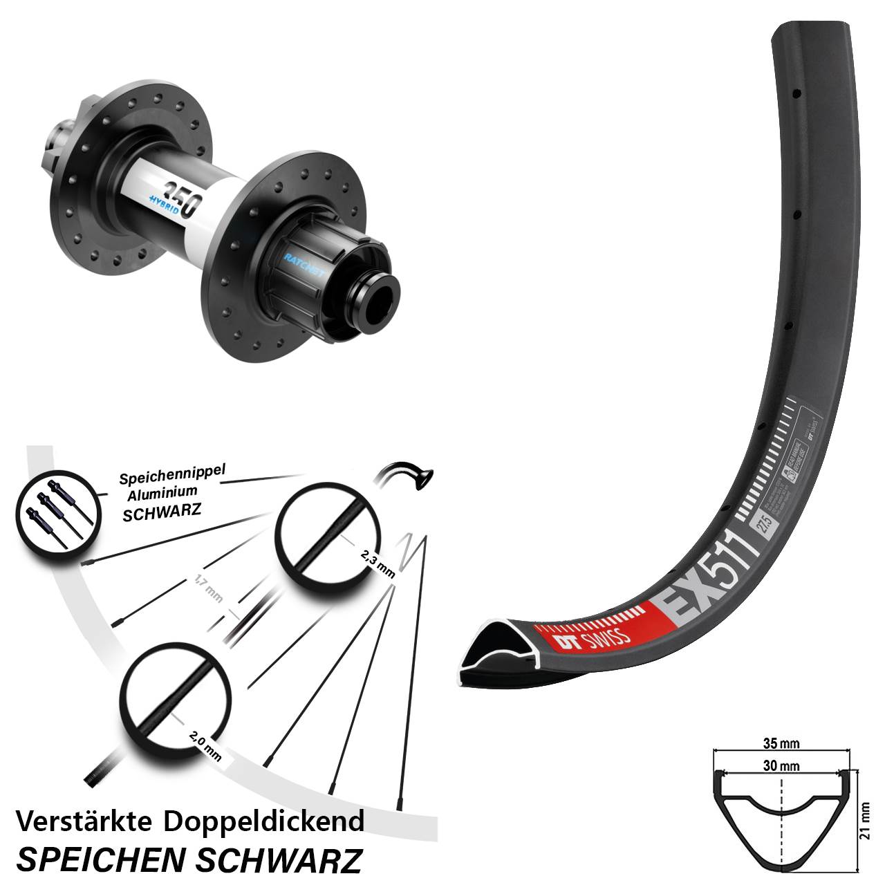 DT Swiss EX511-350 Hybrid 29 Zoll 6-Loch Hinterrad 12x142 Singlespeed