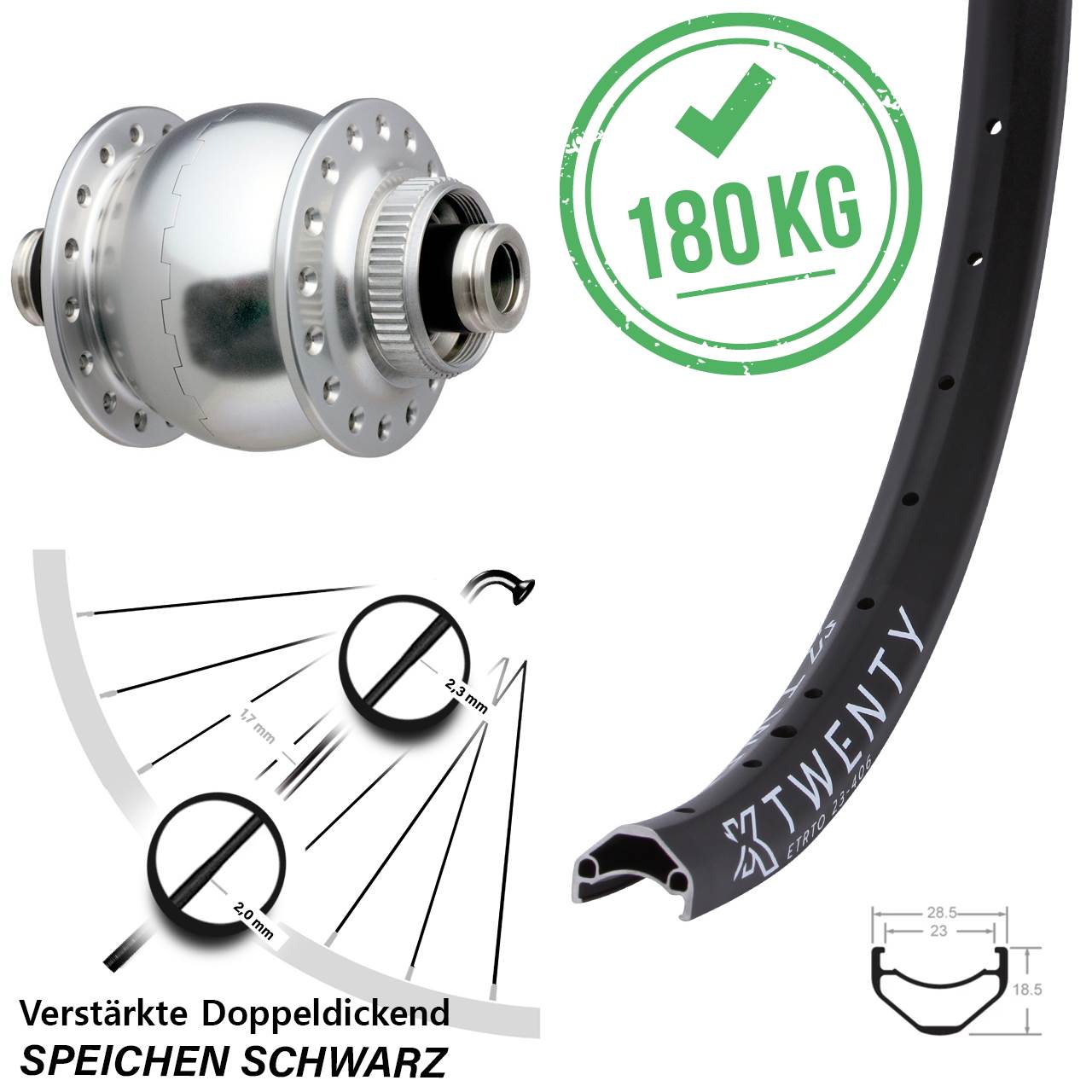 20 Zoll KX Twenty SON 28 Centerlock Vorderrad mit Nabendynamo 12x100 schwarz