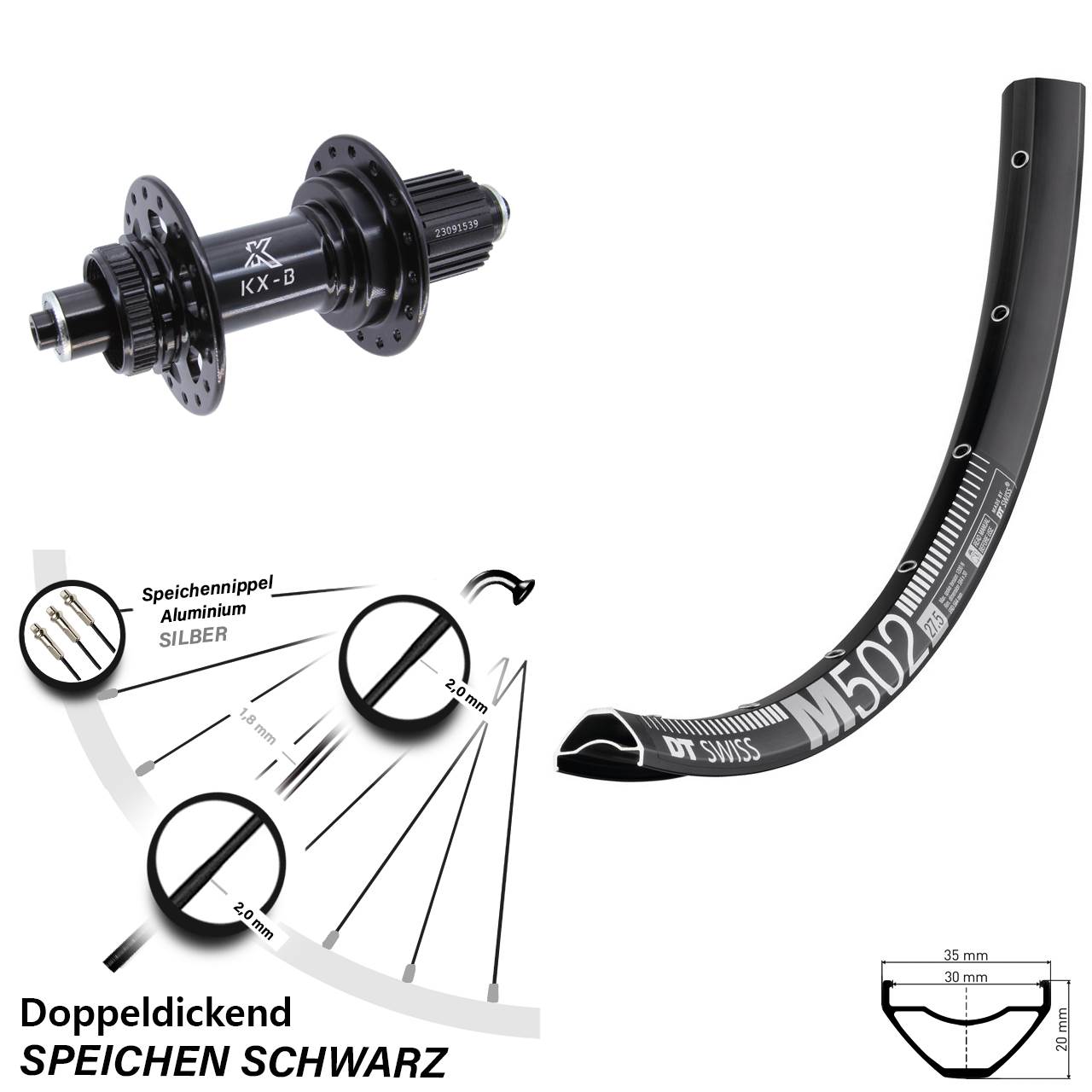 Hinterrad 29 Zoll DT Swiss M502 KX-B Shimano Micro Spline für Schnellsp.