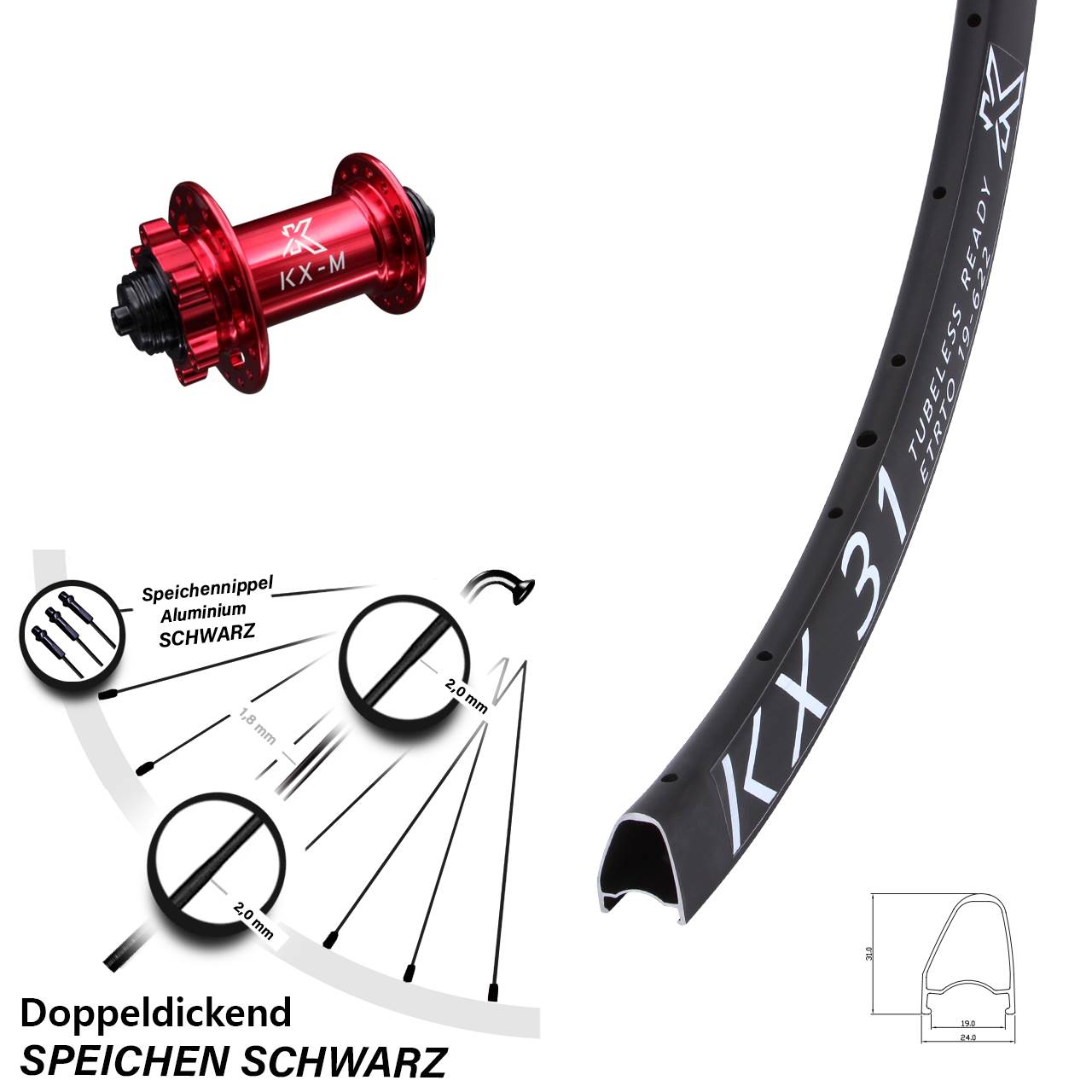 Vorderrad 6-Loch für Schnellspanner 28 Zoll KX-M 31 rot