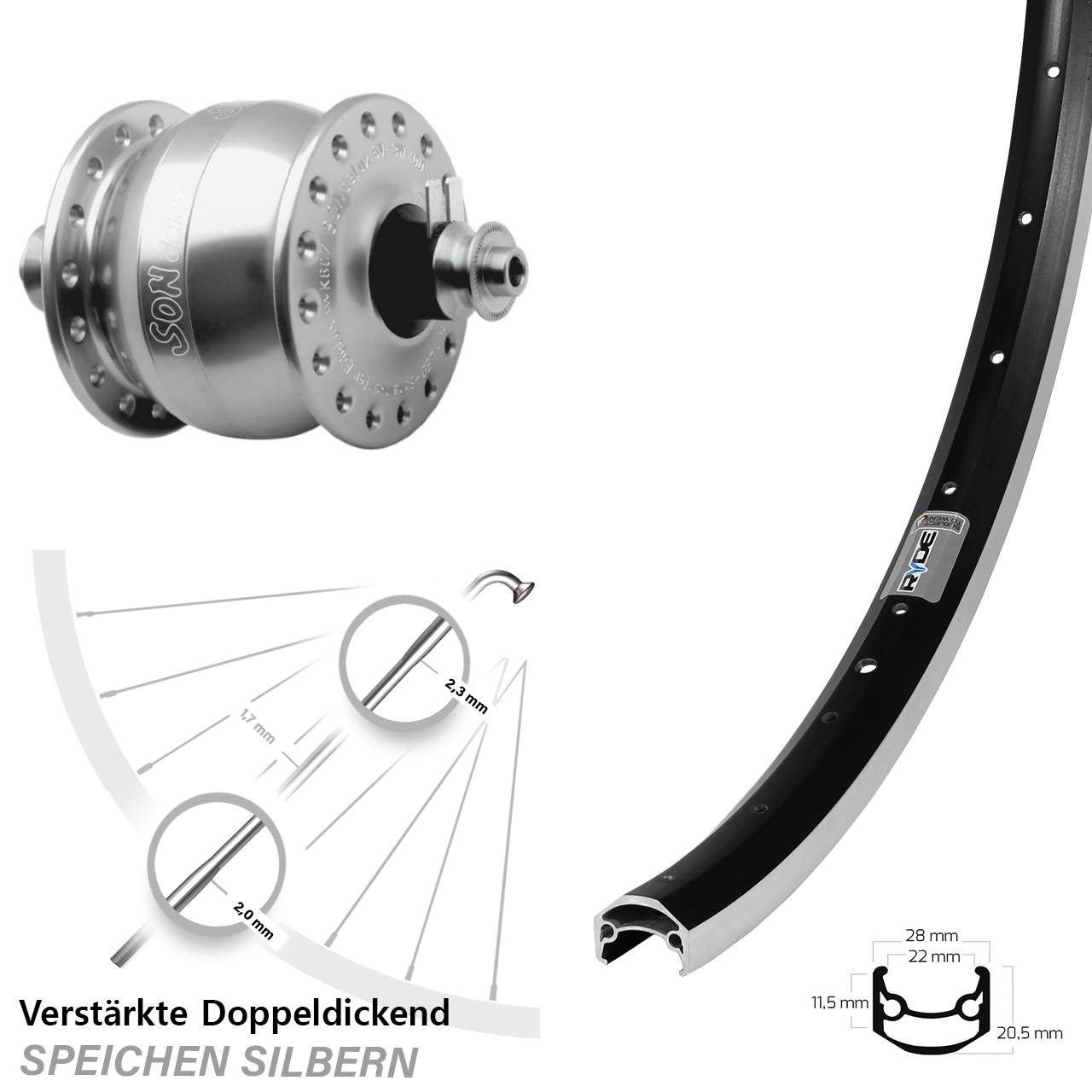 Ryde Andra35 SONdelux 27,5 Zoll Nabendynamovorderrad für Schnellspanner