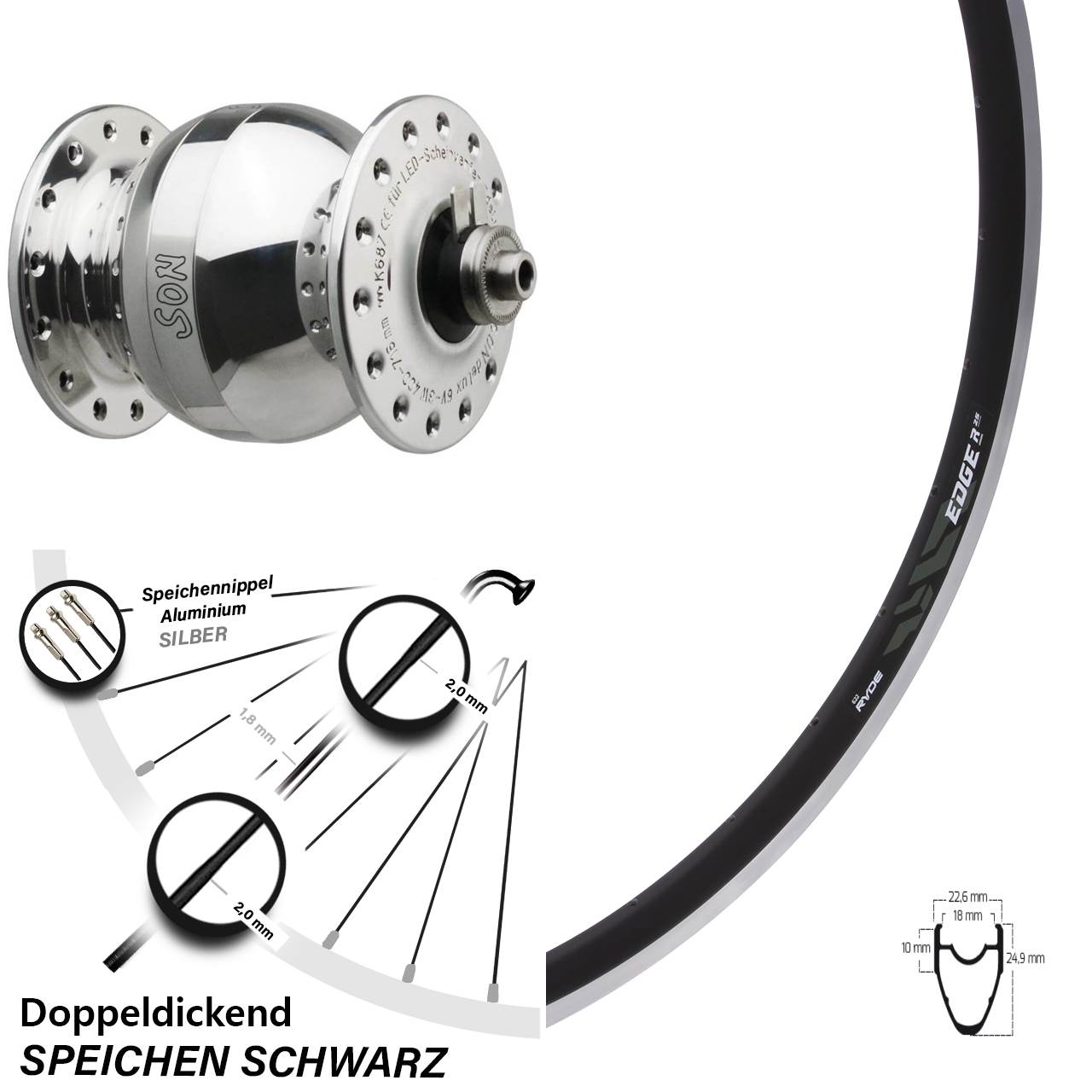 Vorderrad 28 Zoll Ryde Edge R25 Felgenbremse Dynamo SON delux Wide Body silbern poliert