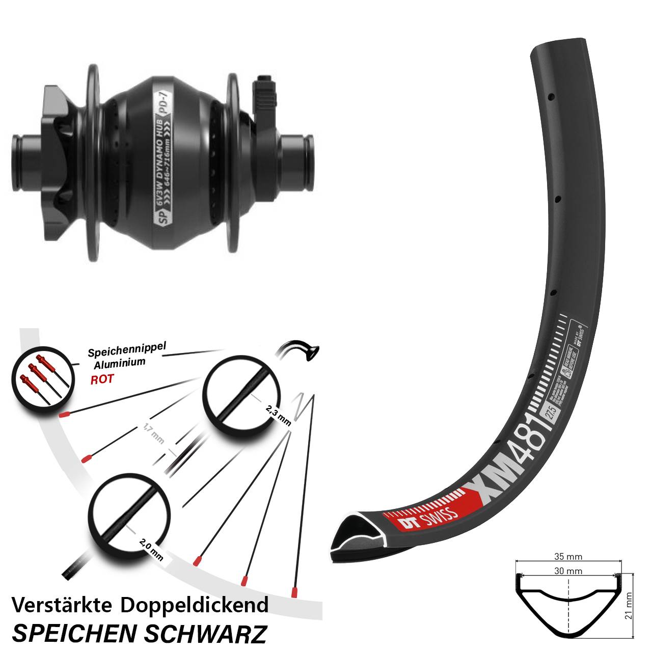 6-Loch Dynamo-Vorderrad 27,5 Zoll DT Swiss XM481 Shutter Precision PD-7 12x100