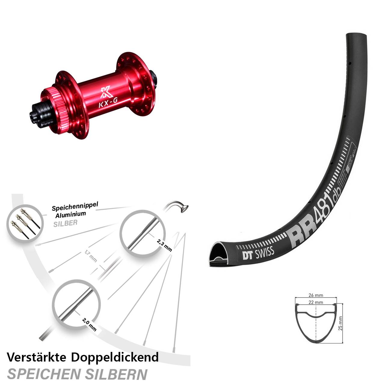 Vorderrad 28 Zoll DT Swiss RR 481 DB Disc verstärkt KX-G rot 5x100