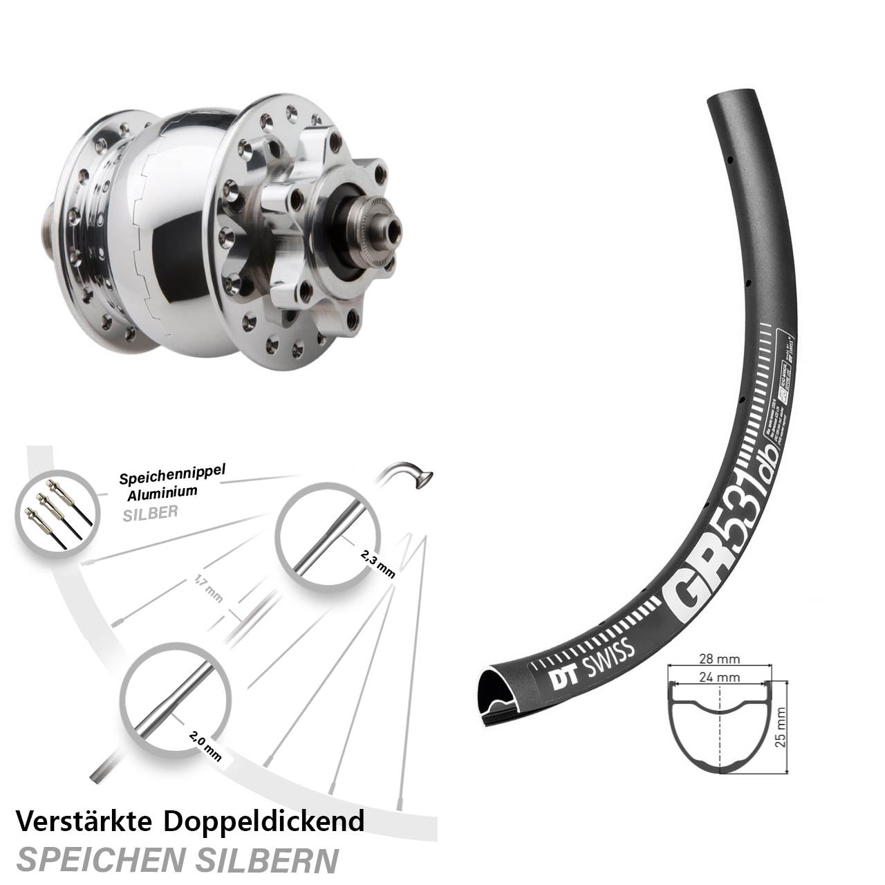 SON 28 poliert DT Swiss GR531 28-29 Zoll Vorderrad mit Nabendynamo 6-Loch QR