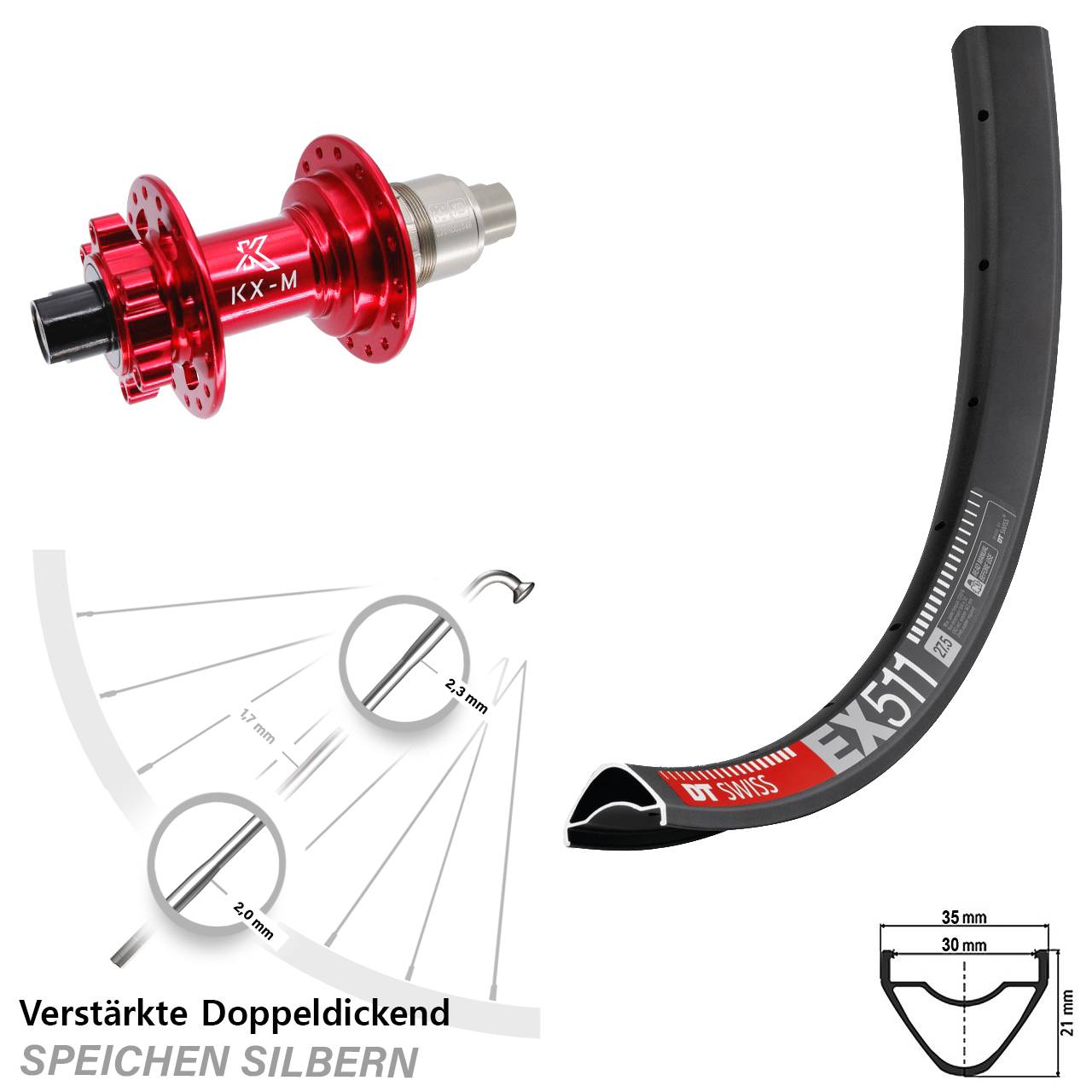 6-Loch Hinterrad 12x142 29 Zoll DT Swiss EX 511 KX-M rot XD