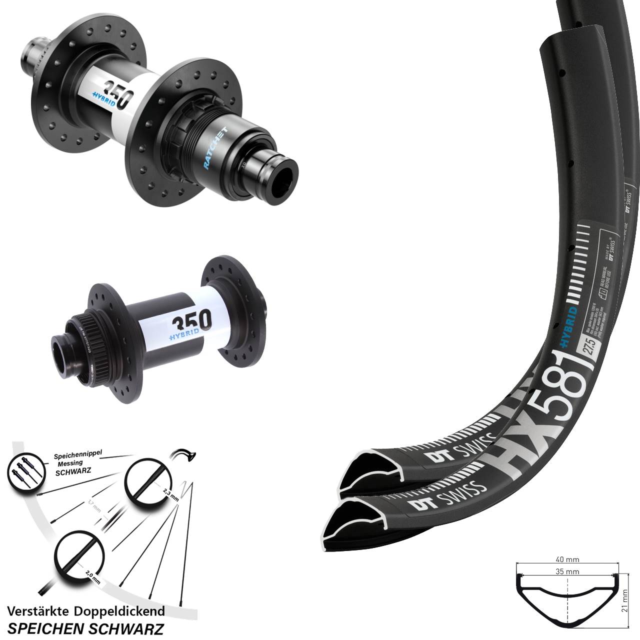 27,5 Zoll DT Swiss HX581-350 Hybrid Boost Centerlock Laufradsatz SRAM XD