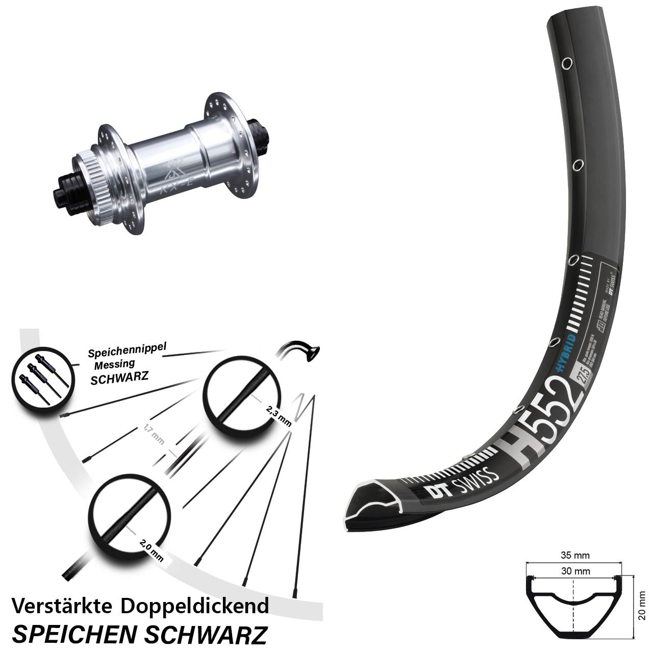 Vorderrad DT Swiss H 552 Disc 29 Zoll KX-E Schnellspanner 5x100 mm Centerlock E-Bike