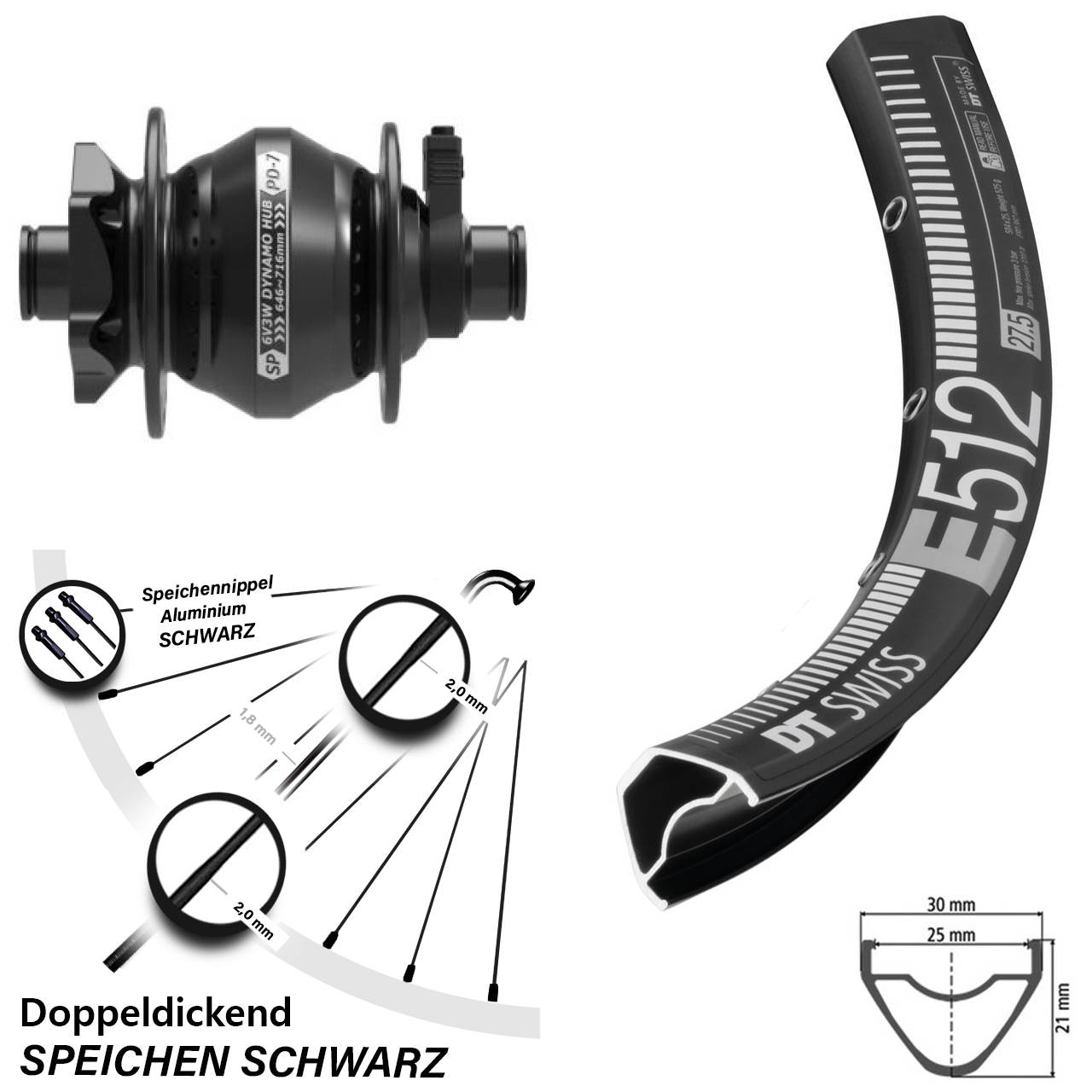 MTB Vorderrad 29 Zoll DT Swiss E-512 Shutter Precision PD-7 Nabendynamo