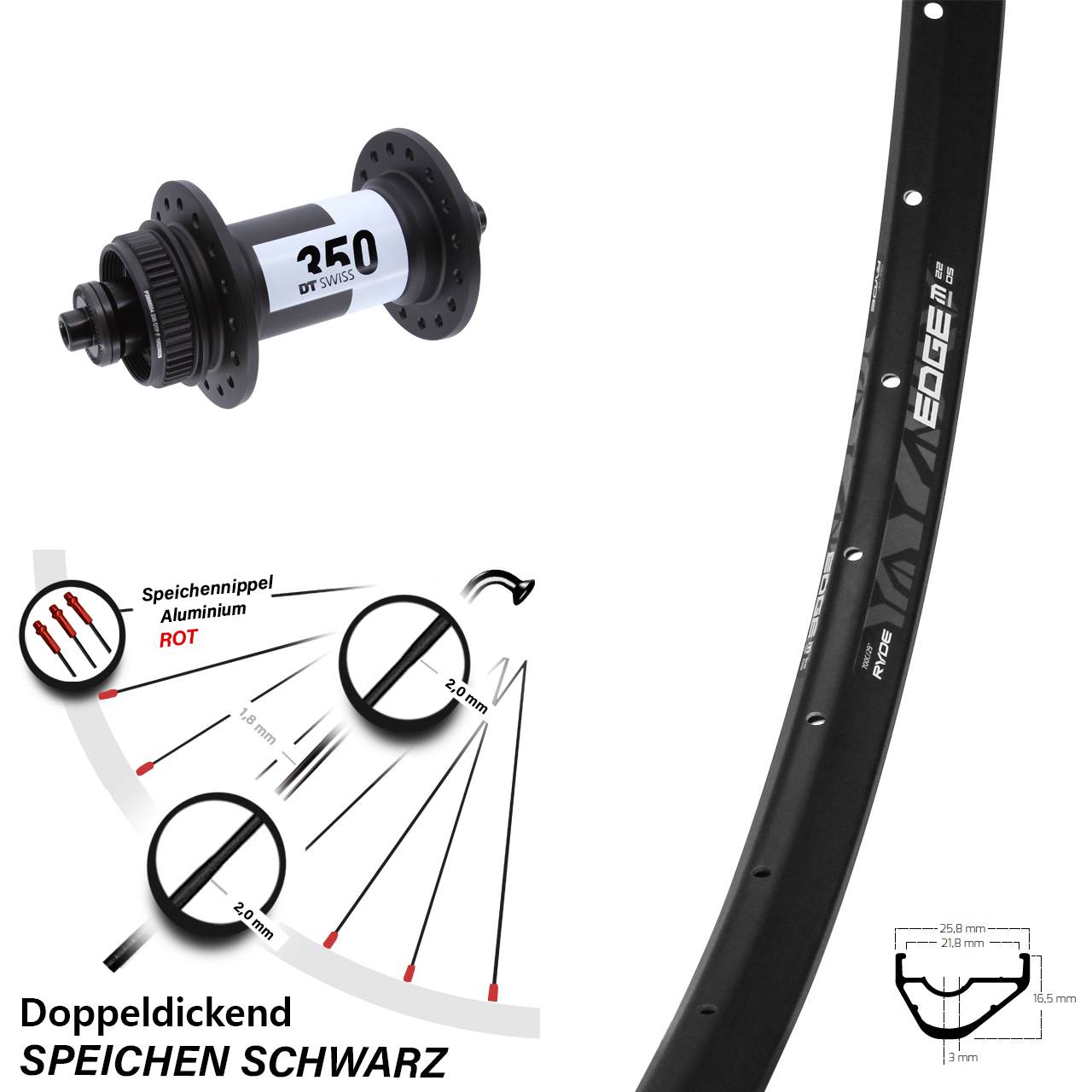 Vorderrad 29 Zoll Ryde Edge M22 DT Swiss 350 Centerlock QR