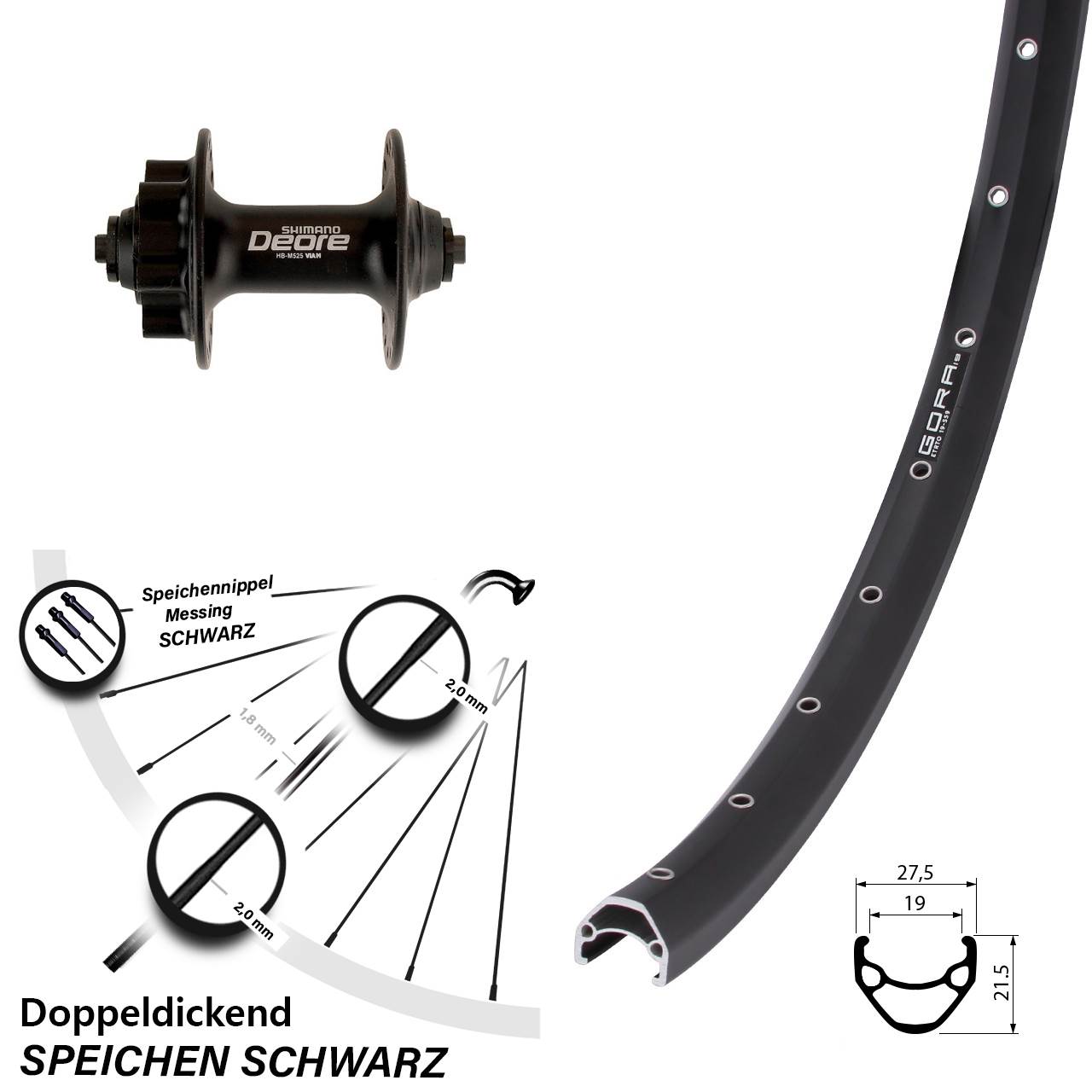 6-Loch Vorderrad 26 Zoll Gora 19 Shimano Deore für Schnellspanner