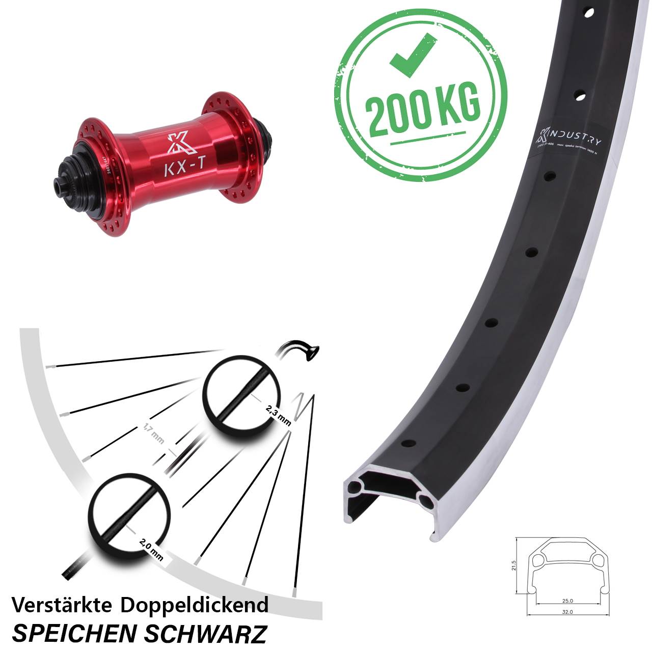 20 Zoll Industry KX-T rot Laufrad für Schnellspanner