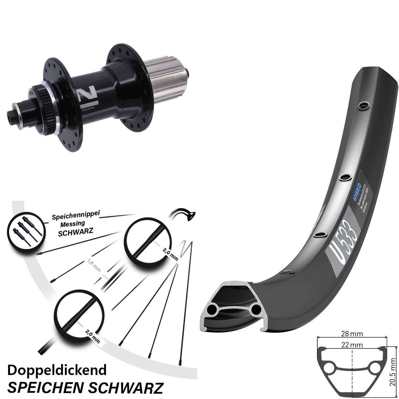 28 Zoll DT Swiss U533 Novatec D042SB Centerlock Hinterrad 8-12 fach