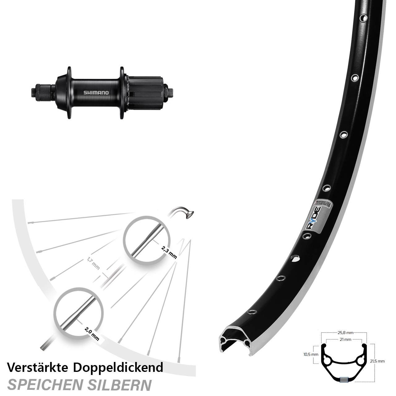 Hinterrad 28 Zoll Ryde ZAC 421 Shimano FH-TY500 7 fach HG QR